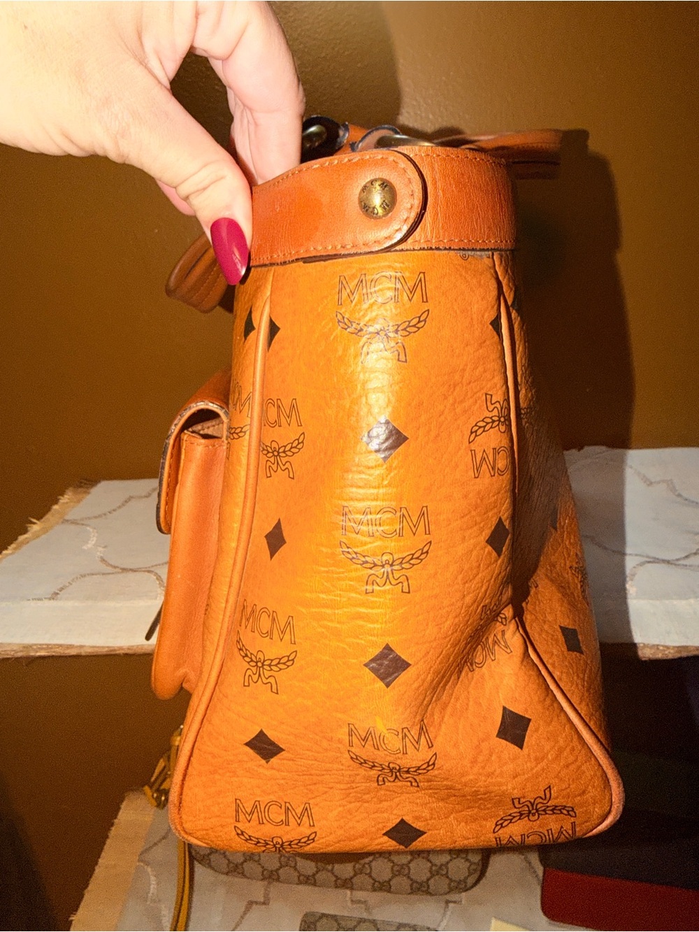 MCM Cognac Visetos Double Pocket Satchel Bag - Picture 4 of 9